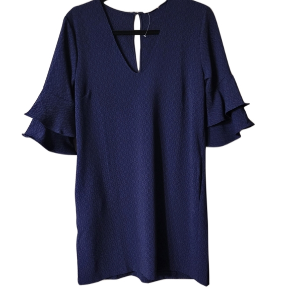 Lush Navy Woven Dress Ruffle Sleeves Size Small - Picture 2 of 7